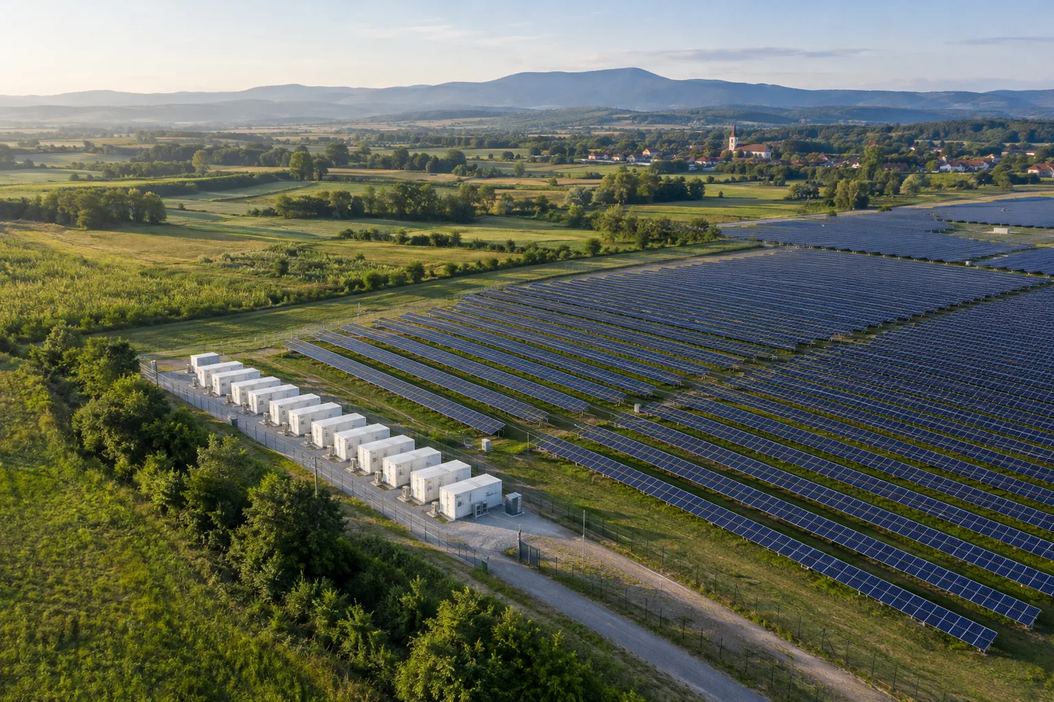 Pogled iz zraka na sunčevu elektranu među zelenim poljima s baterijskim spremnicima energije uz rub