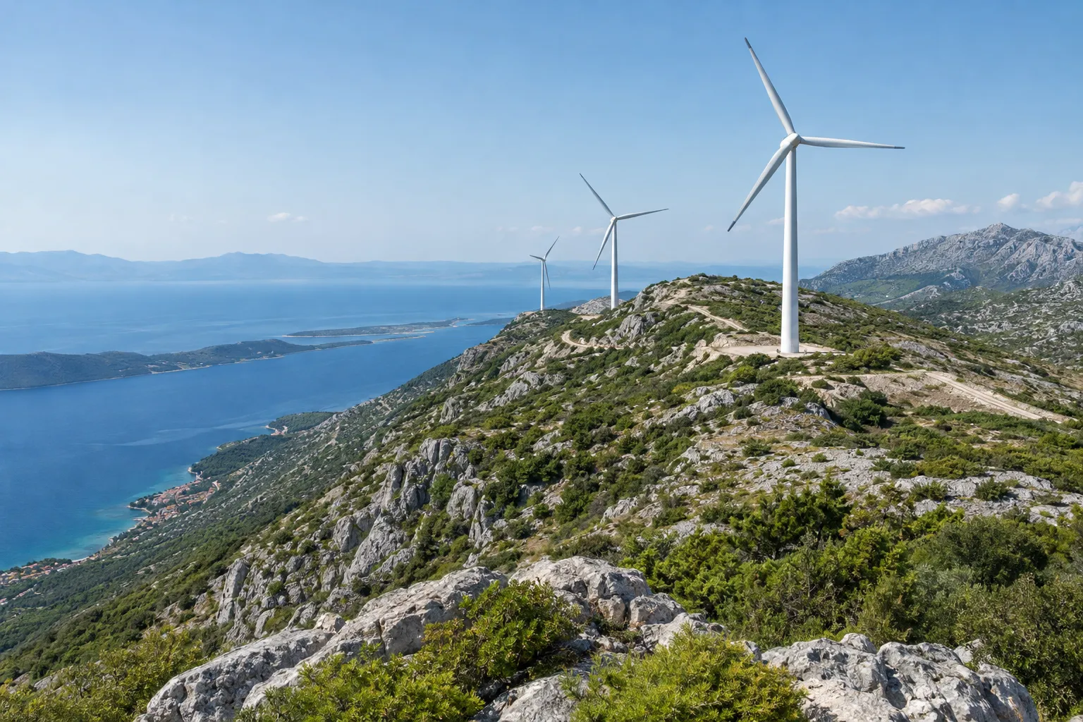 Vjetroturbine na kršu iznad jadranske obale